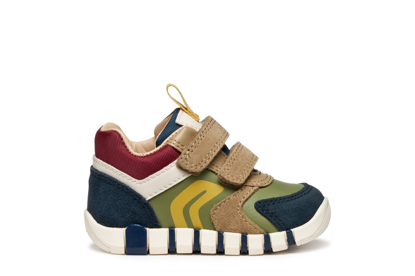 Multicolored children's shoe with velcro straps on a white background