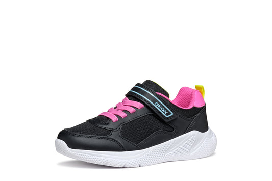 Black and pink sneaker with 'Geox' branding on a white background