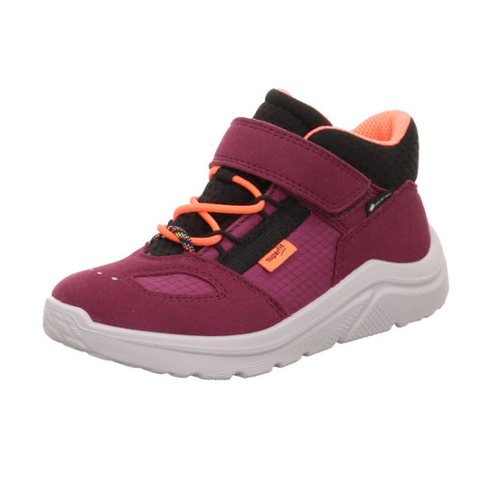 Purple children's shoe with orange accents on a white background