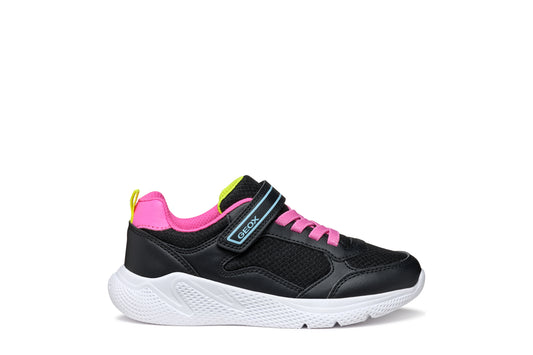 Black and pink sneaker with a visible brand logo on a white background